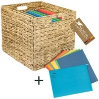 HMF Hängeregistraturbox Aufbewahrungskorb für DIN A4 Hängeregister passend für KALLAX, Korb (Set, inkl. 8 Hängeregister), geflochten aus Wasserhyazinthe mit Griffen 33 x 38 x 32 cm, Natur