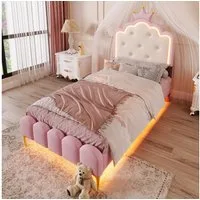 Flieks Polsterbett, LED Prinzessinnenbett Kinderbett 90x200cm mit Krone-Design-Kopfteil