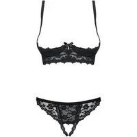 Obsessive Set: Bügel-BH Offener BH und ouvert String - schwarz (2-tlg) Set aus BH ohne Körbchen und Ouvert-String