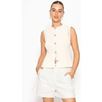 SASSYCLASSY Stricktop Strick Top mit Muschelknöpfen für Damen Ärmelloses Top mit Rundhalsausschnitt und Lochstrick Details