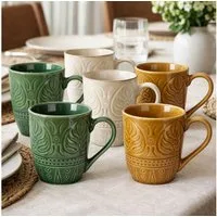 Koopman Tasse Kaffeetasse Teetasse Becher Motiv 390ml Keramik 6er Set, 6-tlg., Keramik, je Farbe 2 Stk, Braun, 390ml je Tasse, Grün, Beige