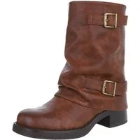 Ital-Design Modischer Damen-Stiefel mit Schnallen für Alltag und Freizeit Westernstiefel (90110032) Blockabsatz Stiefel in Camel