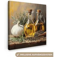 OneMillionCanvasses® Leinwandbild Stilleben - Olivenöl - Knoblauch - Kräuter, Fotodruck (1 St), Wandbild, Deko Schlafzimmer Wohnzimmer Flur 20x20 cm