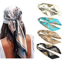 Bwecuy Seidentuch 4er Set Damen Halstücher 90×90 cm, Vintage Print Haar- & Kopftuch