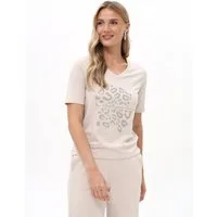 Passioni T-Shirt Kurzarm-T-Shirt mit Leopardenprint mit V-Ausschnitt und Leopardenmuster in Beige