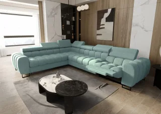 Ecksofa Schlafsofa BASTIEN RELAX in Stoff Moly Sky Ottomane Links