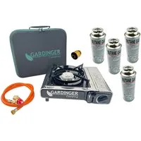 GARDINGER Gaskocher Campingkocher Safety Camp Allgas Piezo Zündsicherung vier Kartuschen, (Allgas-Adapterschlauch), Zündsicherung, Windschutz