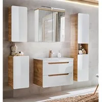 Lomadox Badmöbel-Set LUTON-56, (Spar-Set, 5-St), in Hochglanz weiß mit Wotan Eiche Nb. 180/195/46 cm