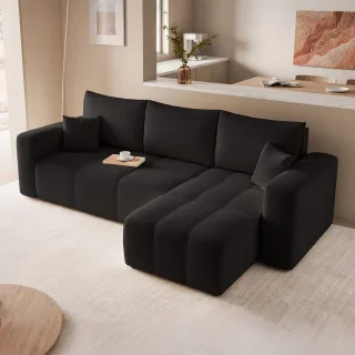 Ecksofa Schlafsofa Sofa LEROS in Stoff Manila Schwarz Ottomane Rechts