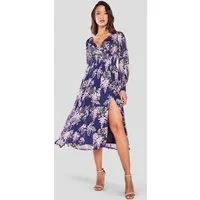 Goddiva Midikleid Printed Lurex Chiffon Long Sleeve Midi Dress knielang