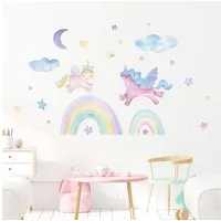 Montegoni Wandtattoo Cartoon Einhorn Regenbogen Wandaufkleber (Wolken,Mond,Sterne, Wandsticker, Wanddeko für kinderzimmer), Mädchen Kinderzimmer