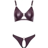 Cottelli Collection Set: Bügel-BH Wetlook Dessous-Set: BH und ouvert String - lila (2-tlg) offener Schritt und Cups