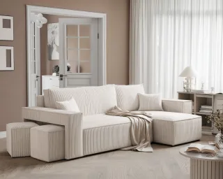 Ecksofa Schlafsofa Sofa ADARA inkl. Hocker Stoff Poso Altweiß Ottomane Rechts