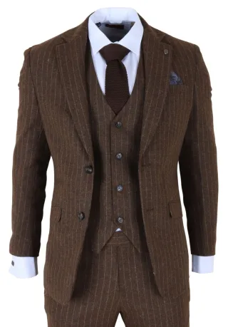 Brauner 3-teiliger Slim Fit-Anzug für Herren mit Nadelstreifen