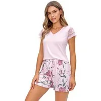 Donna Shorty Damen Sommer Schlafanzug mit Spitzenärmeln (2 tlg) Powder-Rose Shirt & Viskose-Shorts mit Blumenprint