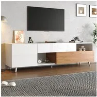Merax Lowboard mit Hochglanzfront, Fernsehschrank in Weiß & Holzoptik (TV-Schrank für bis zu 75-Zoll-Fernseher, 1 St., 180x38x50 cm), TV-Schrank mit 1 Schublade, 7 Fächern, Klapptür & offenen Regalen