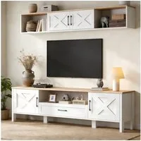 MODFU TV-Schrank Weiße Mediawand 180 cm mit 2-Stufen-Design (2-St., Set aus TV-Ständer und hängender Vitrine) Praktische Aufteilung mit 4 Schränken