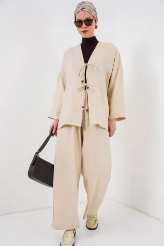 V-Ausschnitt Cardigan und Weitgeschnittene Hosen Set