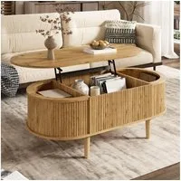 Merax Couchtisch anhebbarer Sofatisch oval Beistelltisch mit Liftfunktion & Holzoptik (100 x 48 x 54,5 cm, 1-St), Wohnzimmertisch mit verstecktem Stauraum, 3 Ablagefächern & Holzbeinen