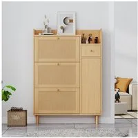 Merax Schuhschrank mit Rattandekor mit 3 Klappen, Tür und Schublade,Sideboard,Schuhkipper