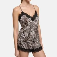cfab (creamy fabrics) Pyjamaoberteil Satin Cami Top mit Spitze-Leopard-L (1-tlg)