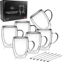 LIBWYS Thermotasse Doppelwandige Kaffeetassen aus Glas 6x350 ml mit Griff und Löffel, Glas, Doppelwandige Kaffeetassen aus Glas mit Griff und Löffeln im Set