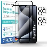smartect Displayschutzglas Schutzglas Panzerfolie Full Screen 2 + 2 Stück für iPhone 15 Pro für Apple iPhone 15 Pro, Set, 2 Stück, Display + Kamera, inkl. Anbringhilfe, Ultra-klar, 9H Härte, Stoßfest
