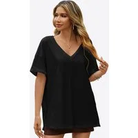 Imily Bela T-Shirt Damen Lockerer V-Ausschnitt mit gerollten Ärmeln und Seitenschlitzen (Packung, 1-tlg., 1per-Pack) Kurzarm in Unifarbe