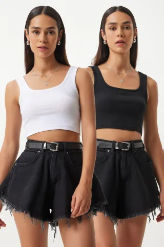 Slim Fit Ripp-Top mit Quadratkragen