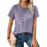 PYLIKE Rundhalsshirt Damen bequemes Sommer Kurzarmbluse Schmetterling Print-Shirt Bequem für Freizeit und Büro,Strandurlaub