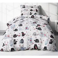 Heubergshop Kinderbettwäsche, Renforcé, 2 teilig, 135x200cm + 80x80cm - Katzen 100% Baumwolle Kinder (KY-Katzen-Weiß)