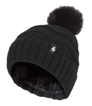 Damen Winter Pelz Beanie Mütze | Wärmehalter | Zickzack gemusterte Pom Pom Hut | Womens Thermal Cuff Bobble Hat - Schwarz