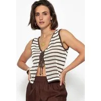 SASSYCLASSY T-Shirt Stricktop mit Schleifenverschluss für Damen Sommerliches Top in Grobstick Optik mit Bindebändern Braun Weiß