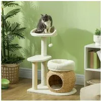 PawHut Kratzbaum 79 cm, mit Katzenhöhle, Bett, Spielbälle, Sisal-Kratzsäulen, für Katzen bis 5 kg, Cremeweiß