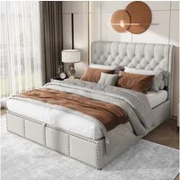 Odikalo Stauraumbett Polsterbett mit Stauraum 140/180x200 cm (Linen Doppelbett mit hydraulischem Lattenrost & gepolstertem Kopfteil in Chesterfield-Optik, Grau/WeiB, ohne Matratze)