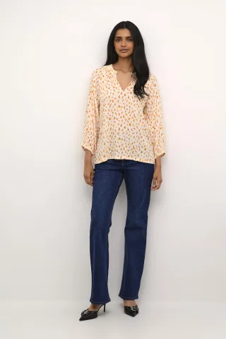Langarm-Bluse Regular fit White/Orange Graphic Dots white orange