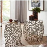 FINEBUY Satztisch FB41303 Beistelltisch 2er Set Metall Rund Wohnzimmertisch Couchtisch (Wohnzimmertisch Ast-Struktur, Couchtisch Modern), Beistelltisch 2er Set Aluminium Silber Rund