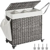 SONGMICS Wäschekorb mit Deckel, Wäschesammler 3 Fächer, Wäschesortierer mit Rollen, 140 L, Wäschesack herausnehmbar, für Waschküche, 66 x 33 x 66 cm