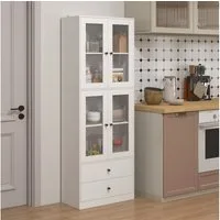 HOMCOM Küchenbuffet Hochschrank mit Arbeitsplatte Vitrinenschrank verstellbar Ablagen (moderner Küchenaufbewahrungsschrank, 1-St., mit 4 Glastüren, Schubladen, verstellbaren Regalen) 59 x 30 x 170 cm, Weiß