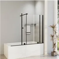 Hopibath Badewannenaufsatz Schiebetür Duschwand für Badewanne mit Schiebetür Schwarz, 6mm Sicherheitsglas, (Duschtrennwand Rahmenlos 2 teilig, (70-115) x 140cm), mit Haltestangen & Rollensystem