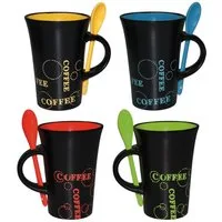 Haus und Deko Geschirr-Set 4er-Set Keramik Kaffeebecher & Löffel Kaffeetassen schwarz bunt XL (8-tlg), Keramik