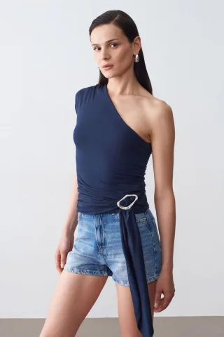 Slim Fit Off-Shoulder-Jerseybluse mit Bindung