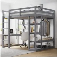 Merax Hochbett mit Stauraum und Sicherheitsleiter, Kieferholz Jugendbett (1-St) Kinderbett 140x200cm mit Schreibtisch Regalen und offener Garderobe
