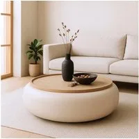 LEVEN Lifestyle Couchtisch LOVANI Wohnzimmertisch Beige Rund mit Stauraum Ø 102 cm, abnehmbare Tischplatte Ø74 cm