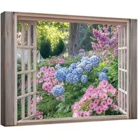 Wallarena Leinwandbild 3D Fenster Wald - Rosa - Elegant - Wohnzimmer, Wald, 60x40x2cm