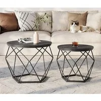 VASAGLE Couchtisch rund, Wohnzimmertisch, modern, Satztisch, Metall (2er Set, inkl. Zubehörpaket & Anleitung, Holz), Beistelltisch, abnehmbare Tischplatte, Ø60x45cm+Ø50x40cm