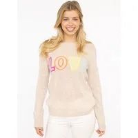 Zwillingsherz Kaschmirpullover "LOVE" wording Rundhals, mit LOVE Aufschrift in Neonfarbe