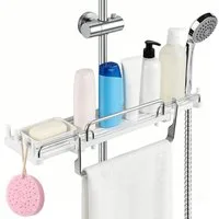 BlingBin Duschablage ohne Bohren 33–49,5 cm für Duschstange Ø 18–26 mm mit 6 Haken, Weiß, 1er Set 1-tlg., ausziehbares Duschregal, platzsparend, Shampoo Halter Dusche