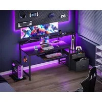 ODK Gamingtisch mit LED-Beleuchtung, Steckdosenleiste und ausziehbarer Tastaturablage (1-St), Mit Stoffschubladen und Monitorständer, 140×48×90,7 cm, Schwarz