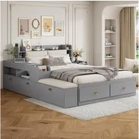 Flieks Massivholzbett, Kombi-Bett Doppelbett 140x200cm Nachttisch+ Stauraumschrank+ Sofabank